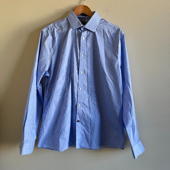 TOMMY HILFIGER SLIM FIT NON IRON STRIPED MENS DRESS SHIRT BUTTON DOWN 16.5 34 35 - Picture 1 of 6
